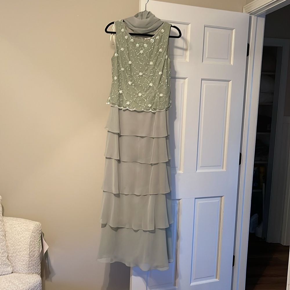 Beaded Sage Green Maxi Dress with Scarf - Picture 8 of 13